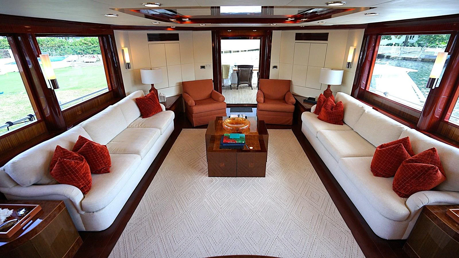 The salon features plush seating and elegant decor, creating a luxurious and inviting atmosphere. aboard ROBIN'S NEST Yacht for Sale