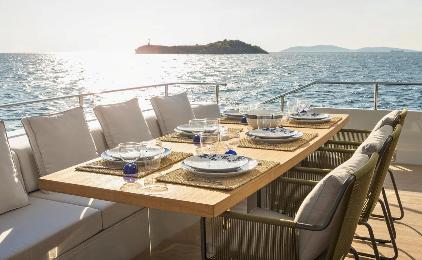 a table on a boat aboard ATLASS Yacht for Sale
