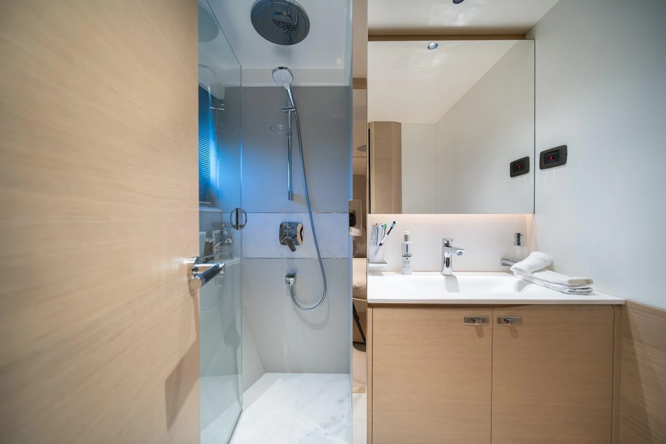 a bathroom with a shower unit aboard MARAVI Yacht for Sale