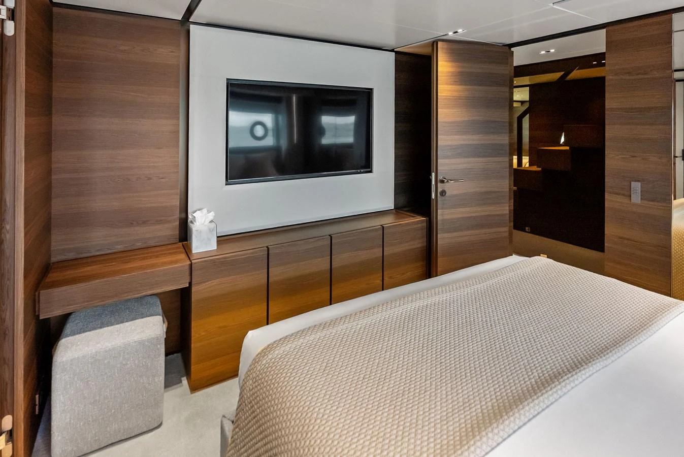 a bed in a room aboard LUMPASAURUS Yacht for Sale