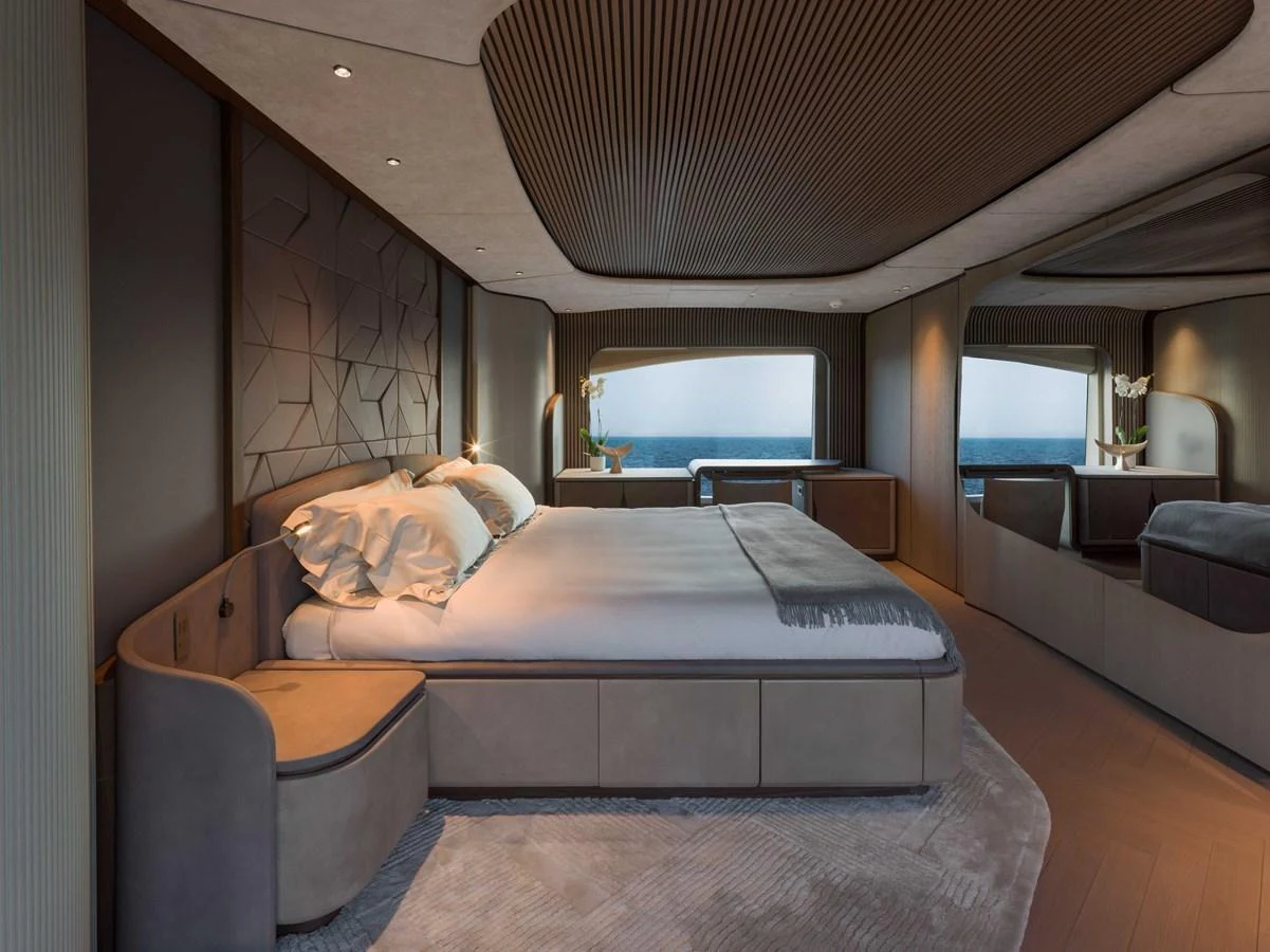 The master stateroom offers a luxurious and serene retreat with panoramic ocean views. aboard PESA II Yacht for Sale