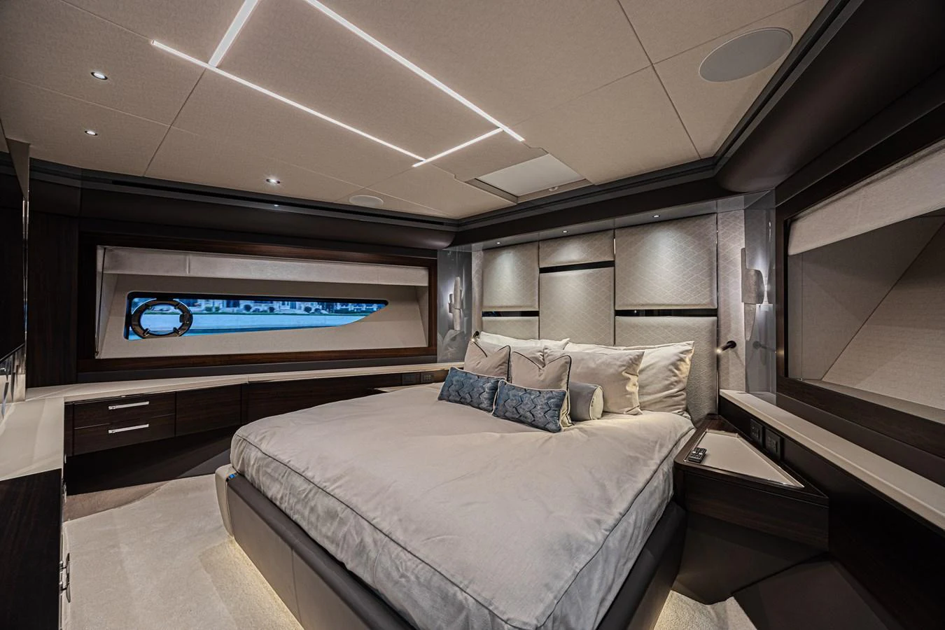 The master stateroom exudes luxury with its spacious layout and elegant design. aboard HIDEOUT Yacht for Sale