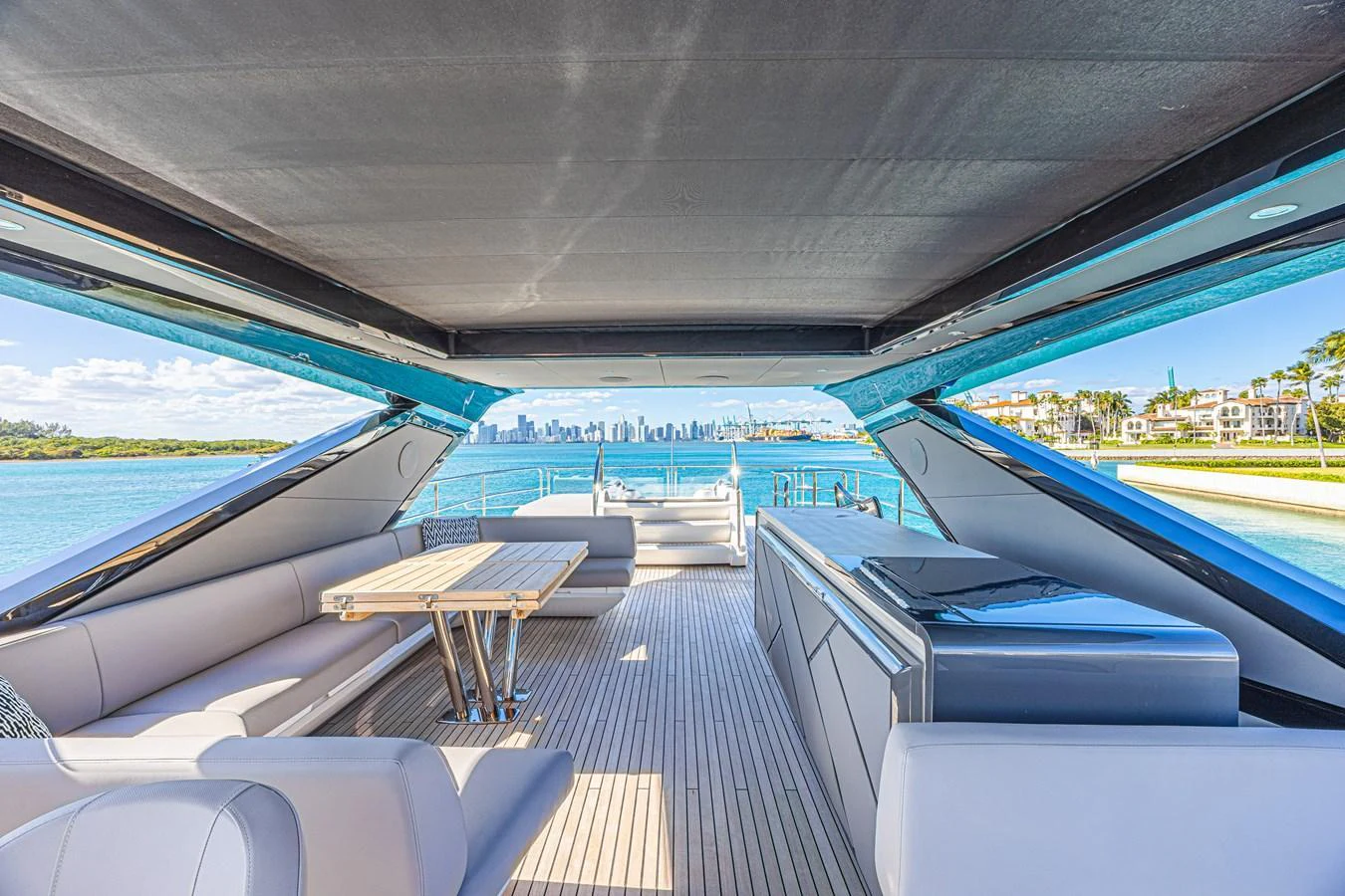 The flybridge offers a spacious and luxurious area for relaxation with stunning views of the surrounding waters. aboard HIDEOUT Yacht for Sale