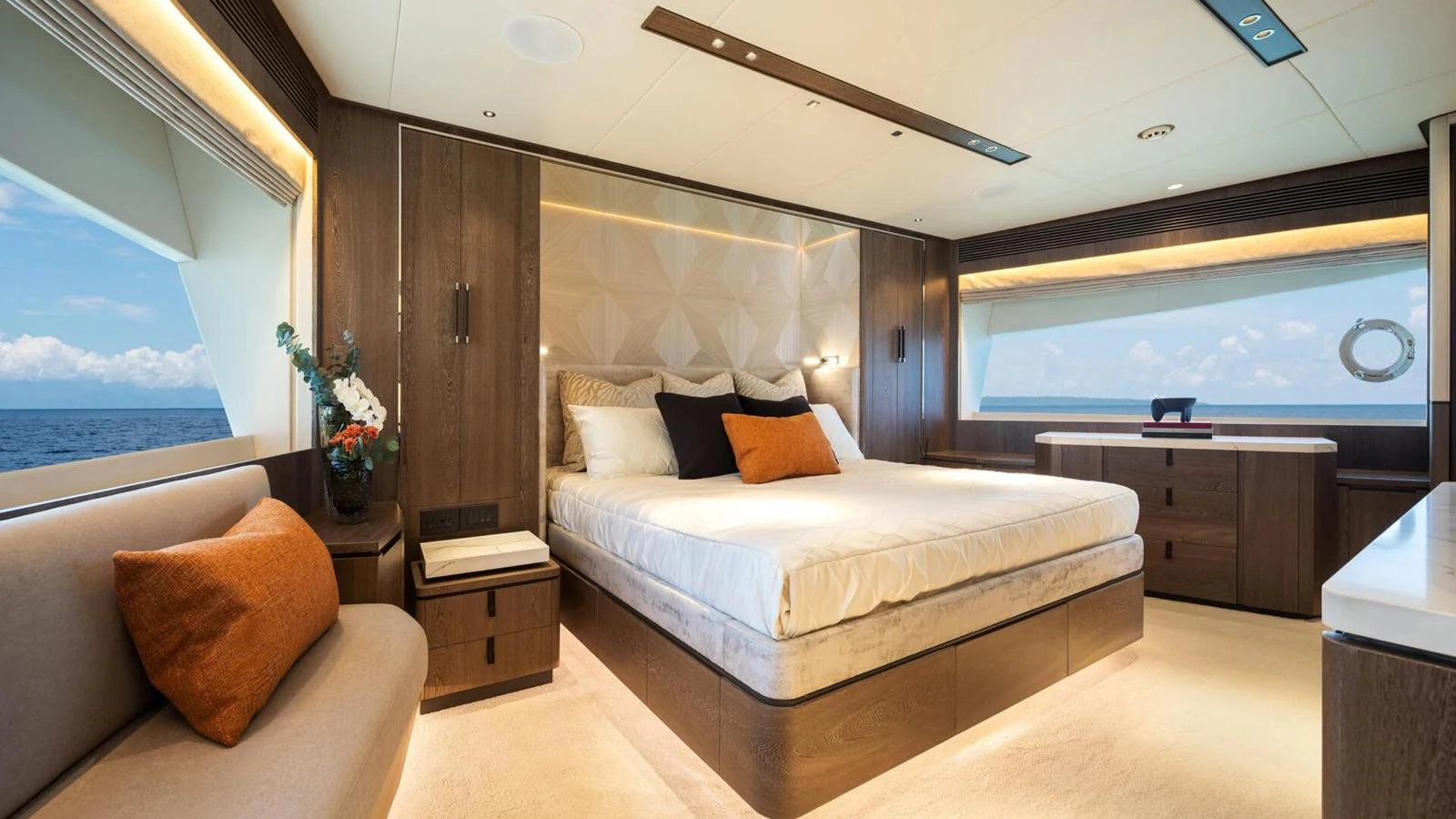 The master stateroom offers a luxurious and spacious retreat with panoramic ocean views. aboard HAPPY HEART Yacht for Sale