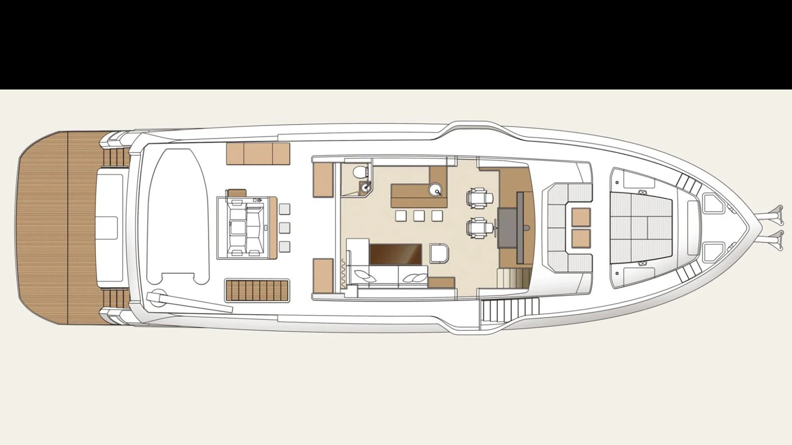 This image shows a detailed deck plan of the yacht, highlighting the layout and various areas on board. aboard HAPPY HEART Yacht for Sale