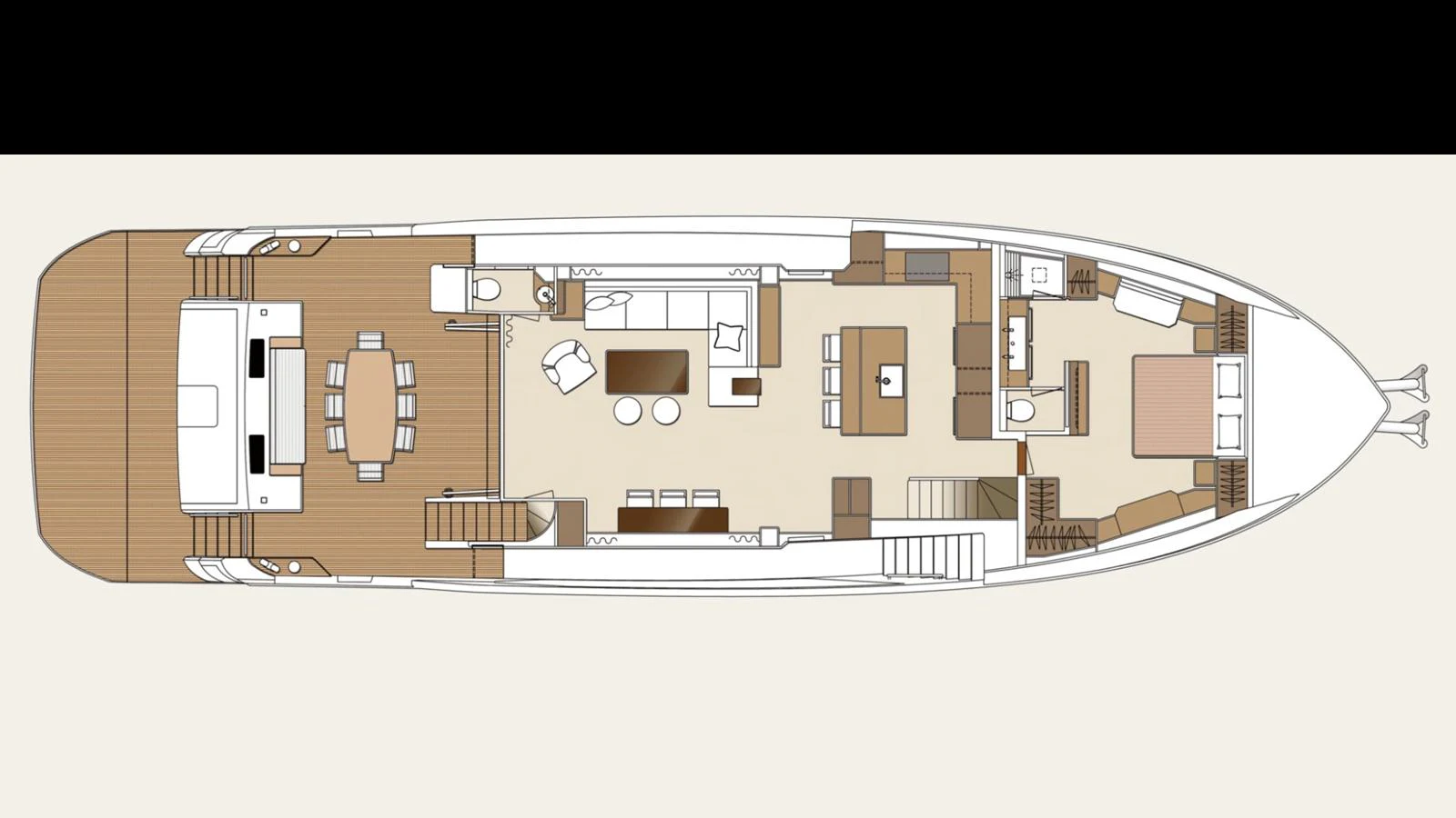 This image showcases the detailed deck plan of a luxurious yacht, highlighting various living and recreational areas. aboard HAPPY HEART Yacht for Sale