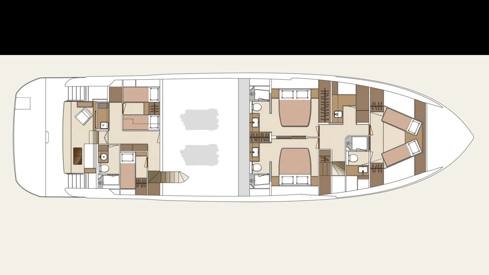 A detailed layout plan of the yacht's interior cabins and amenities. aboard HAPPY HEART Yacht for Sale