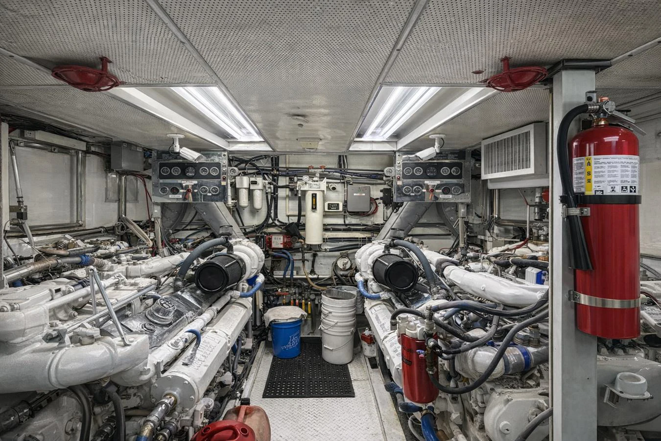 The engine room is meticulously organized, showcasing powerful machinery and essential safety equipment. aboard BURNING DAYLIGHT Yacht for Sale