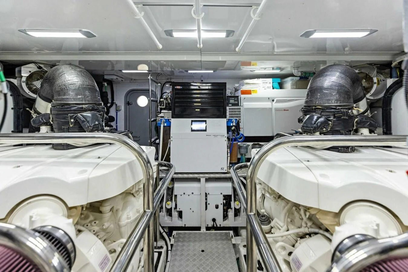 The engine room showcases powerful and well-maintained machinery. aboard 3BBOYS Yacht for Sale