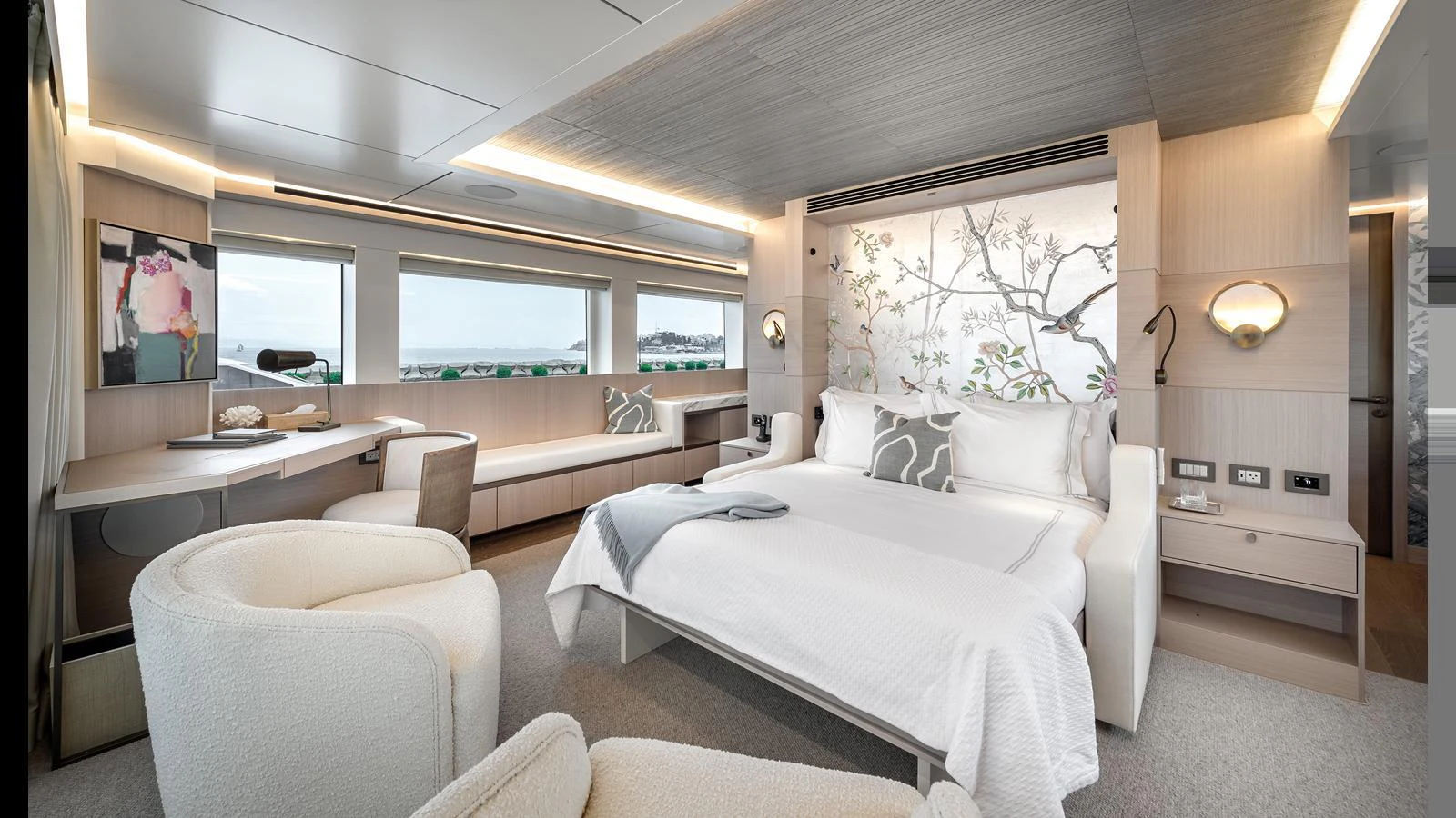 The master stateroom features a luxurious bed, elegant decor, and large windows offering stunning sea views. aboard NUMARINE 37XP-21 Yacht for Sale