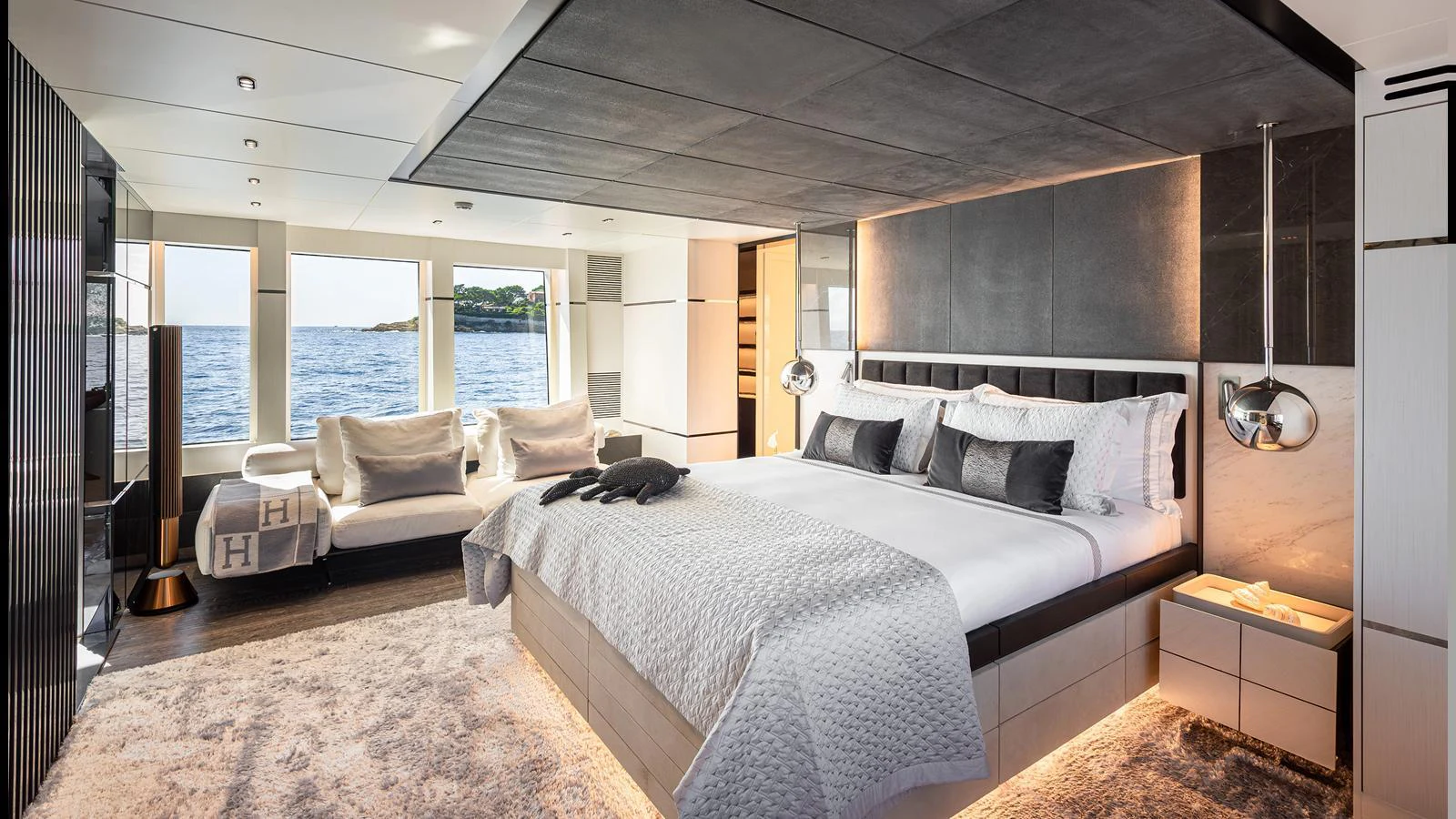 The master stateroom offers a luxurious and spacious retreat with stunning ocean views. aboard NUMARINE 37XP-21 Yacht for Sale