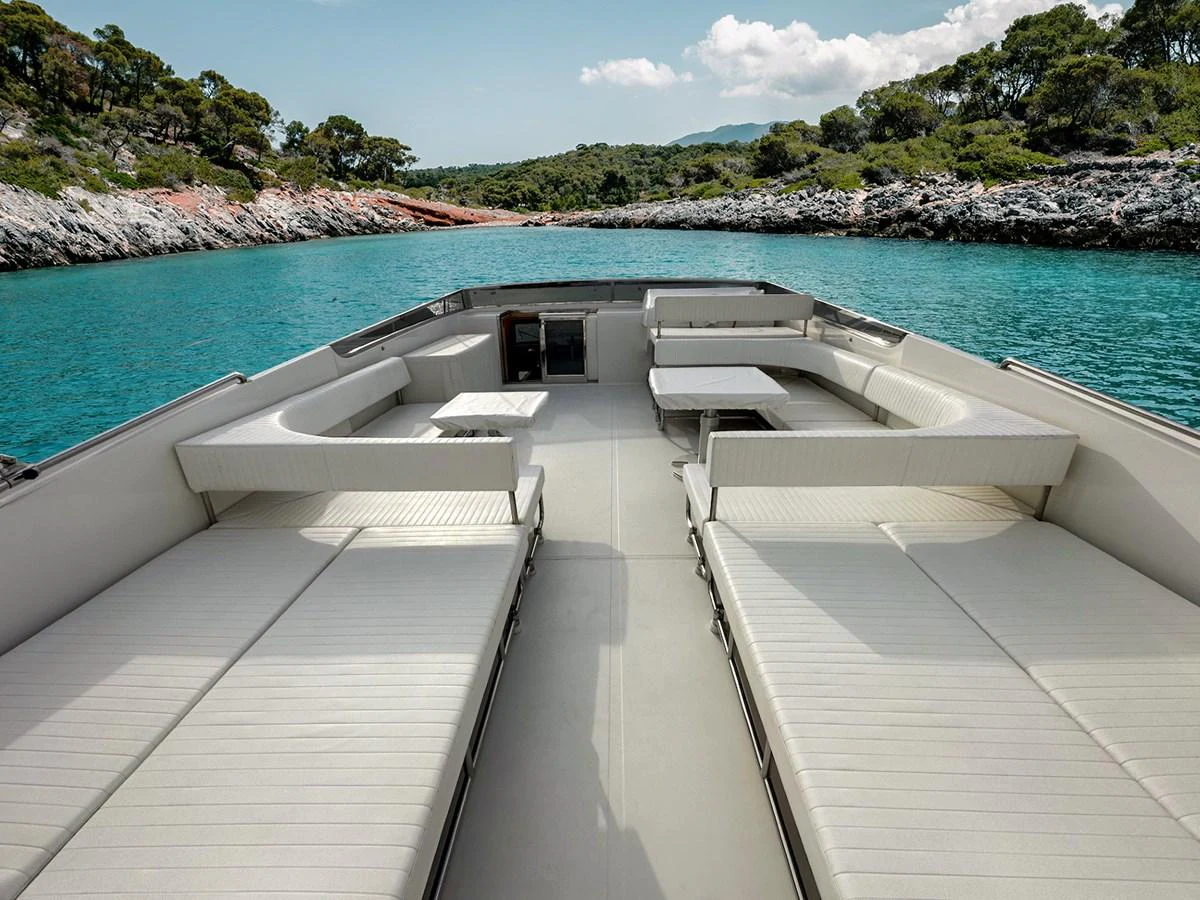 The yacht's aft deck offers spacious and comfortable seating with stunning views of the surrounding waters and landscape. aboard BLUE RIBBON Yacht for Sale