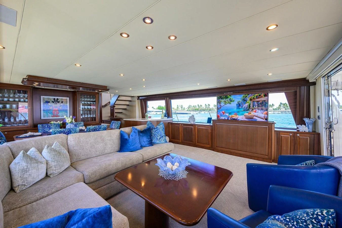 a living room with a large window aboard JULE Yacht for Sale