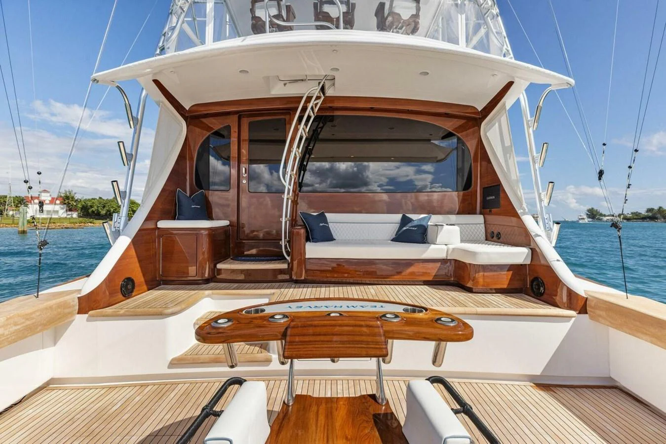 The aft deck features comfortable seating and a well-appointed fishing station, perfect for relaxation and sport. aboard TEAM HARVEY I Yacht for Sale