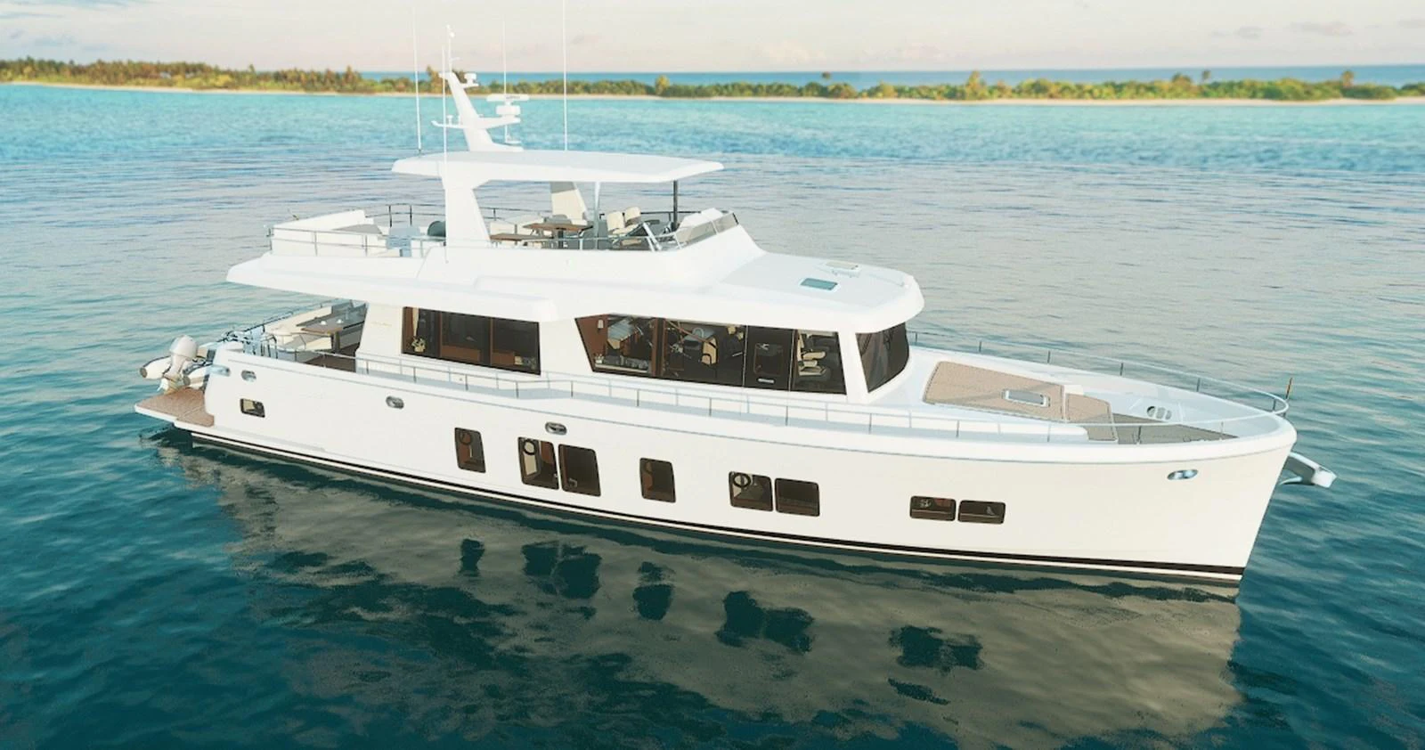 A sleek and modern yacht cruising on calm waters with a scenic island backdrop. aboard NEW BOAT Yacht for Sale