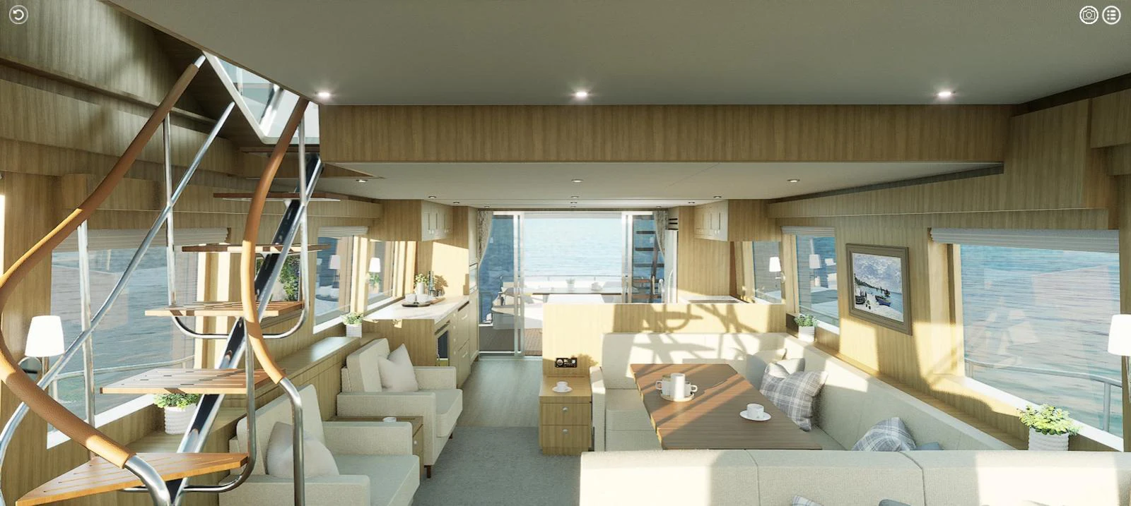 The salon features a spacious and modern design with ample seating and natural light. aboard NEW BOAT Yacht for Sale