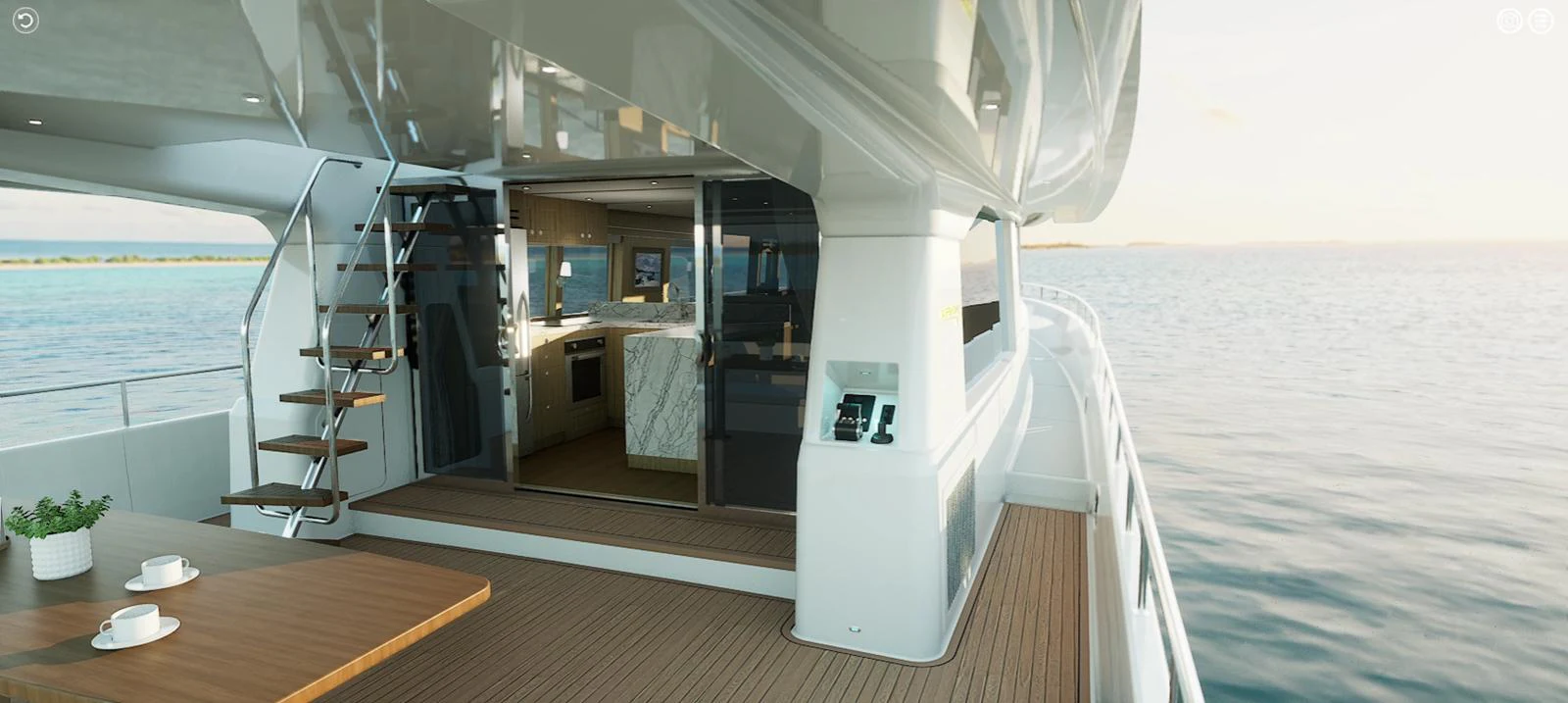 The aft deck offers a seamless transition between indoor and outdoor living spaces with elegant teak flooring and modern furnishings. aboard NEW BOAT Yacht for Sale