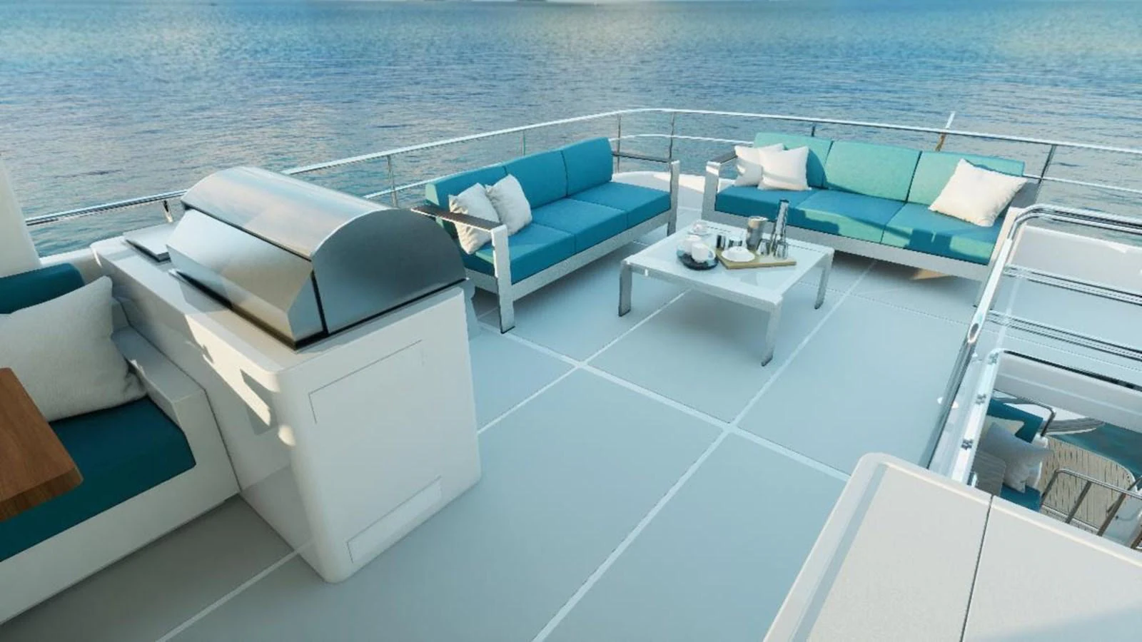 The sundeck features a spacious seating area with a grill and stunning ocean views. aboard NEW BOAT Yacht for Sale
