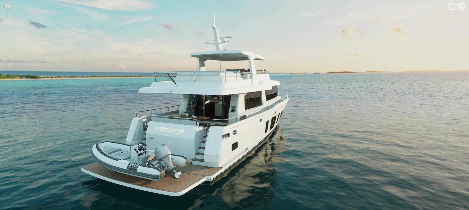 A luxurious yacht is anchored in serene waters, showcasing its elegant aft deck and tender. aboard NEW BOAT Yacht for Sale