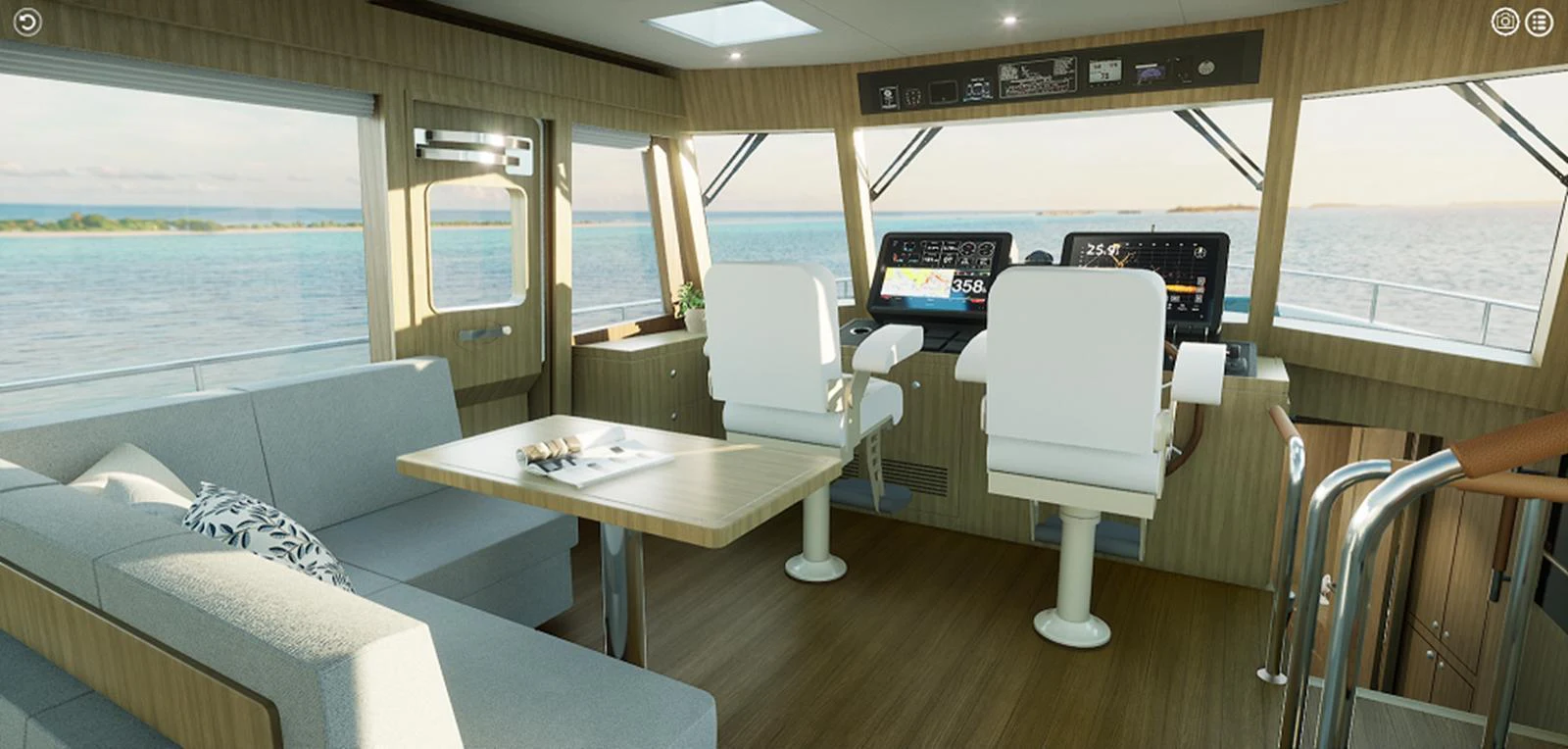 The helm area features modern navigation equipment, comfortable seating, and panoramic views. aboard NEW BOAT Yacht for Sale