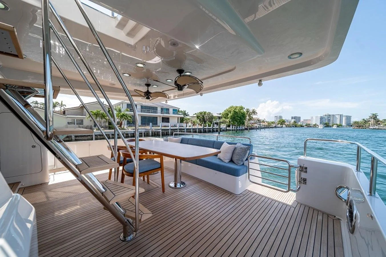 The aft deck offers a spacious and inviting area for alfresco dining and relaxation with stunning waterfront views. aboard NEW BOAT Yacht for Sale