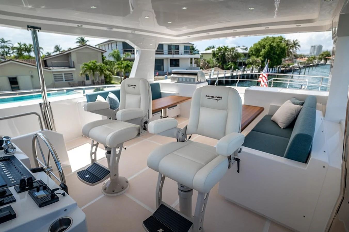 The helm area features comfortable seating and a clear view of the surroundings. aboard NEW BOAT Yacht for Sale