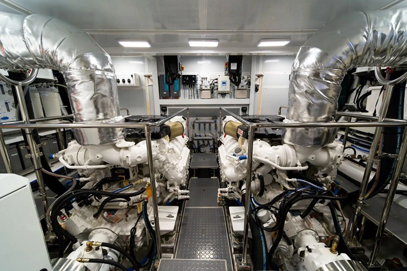 The engine room showcases powerful machinery and a clean, organized layout. aboard NEW BOAT Yacht for Sale