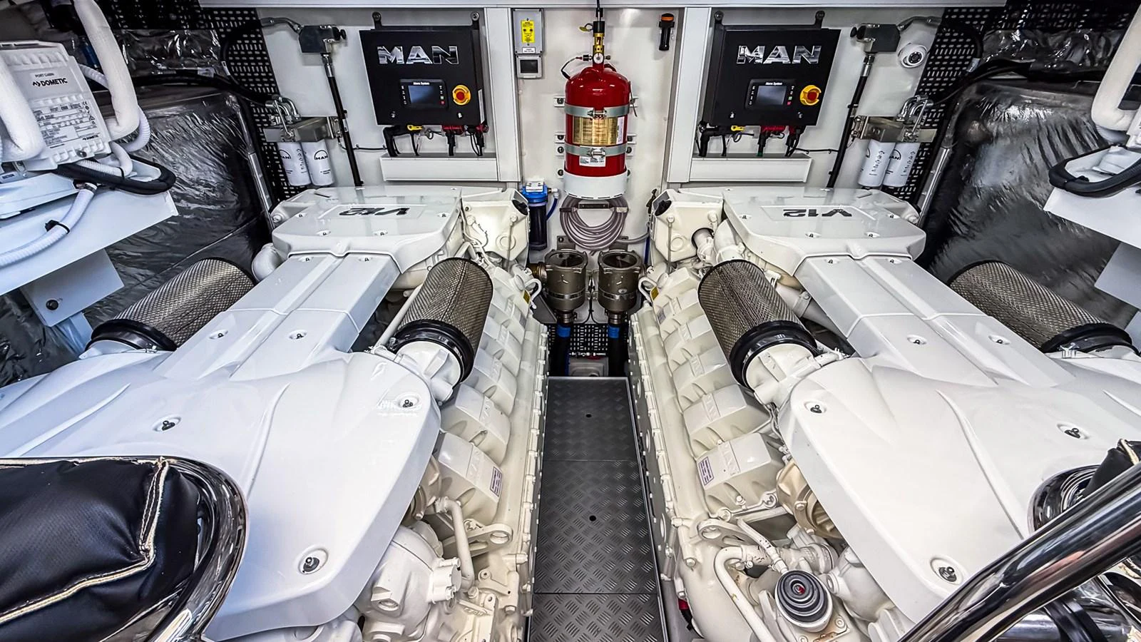 The yacht's engine room showcases powerful and meticulously maintained machinery. aboard NAUTILUS Yacht for Sale