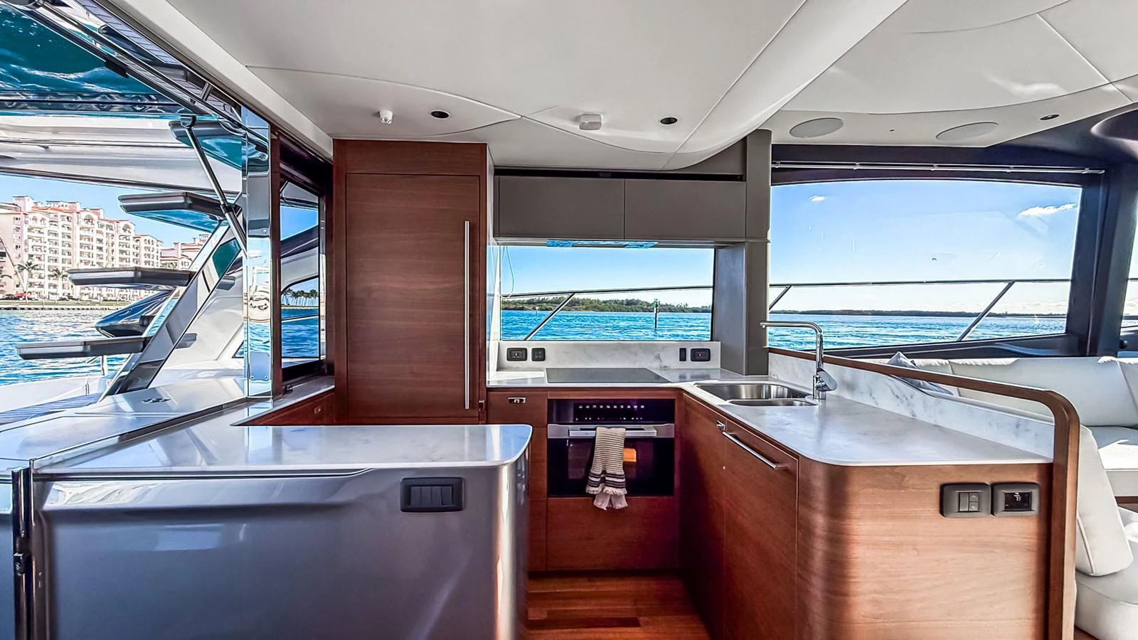 The yacht's galley features modern appliances and a sleek design with panoramic views. aboard NAUTILUS Yacht for Sale
