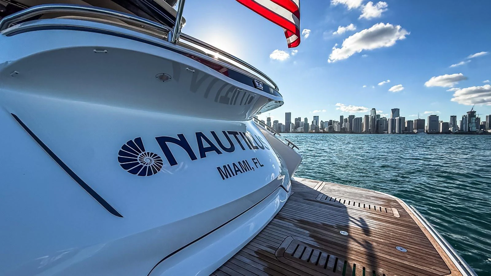 The aft deck of the yacht offers a stunning view of the Miami skyline. aboard NAUTILUS Yacht for Sale