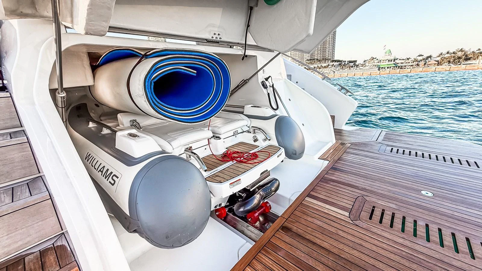 The yacht features a well-equipped tender garage with a Williams tender and paddleboards, ready for adventure. aboard NAUTILUS Yacht for Sale