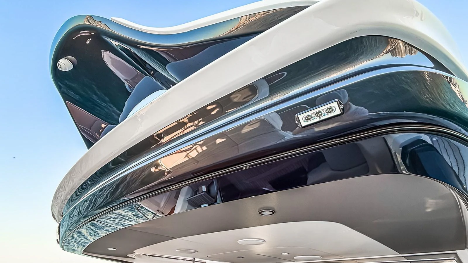 A close-up view of the sleek and modern design elements of a yacht's exterior. aboard NAUTILUS Yacht for Sale
