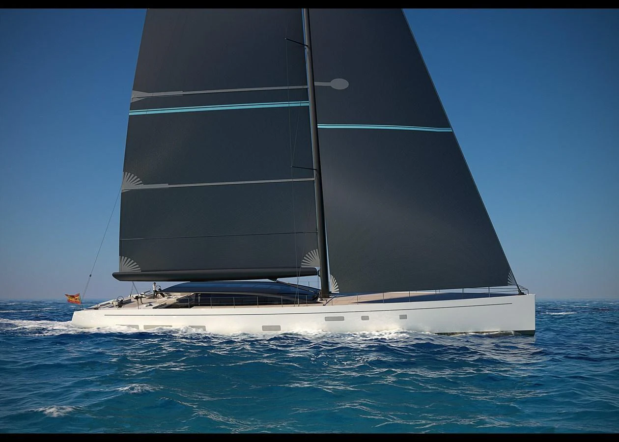 A sleek sailing yacht glides effortlessly over the open sea under clear blue skies. aboard WILDCAT Yacht for Sale