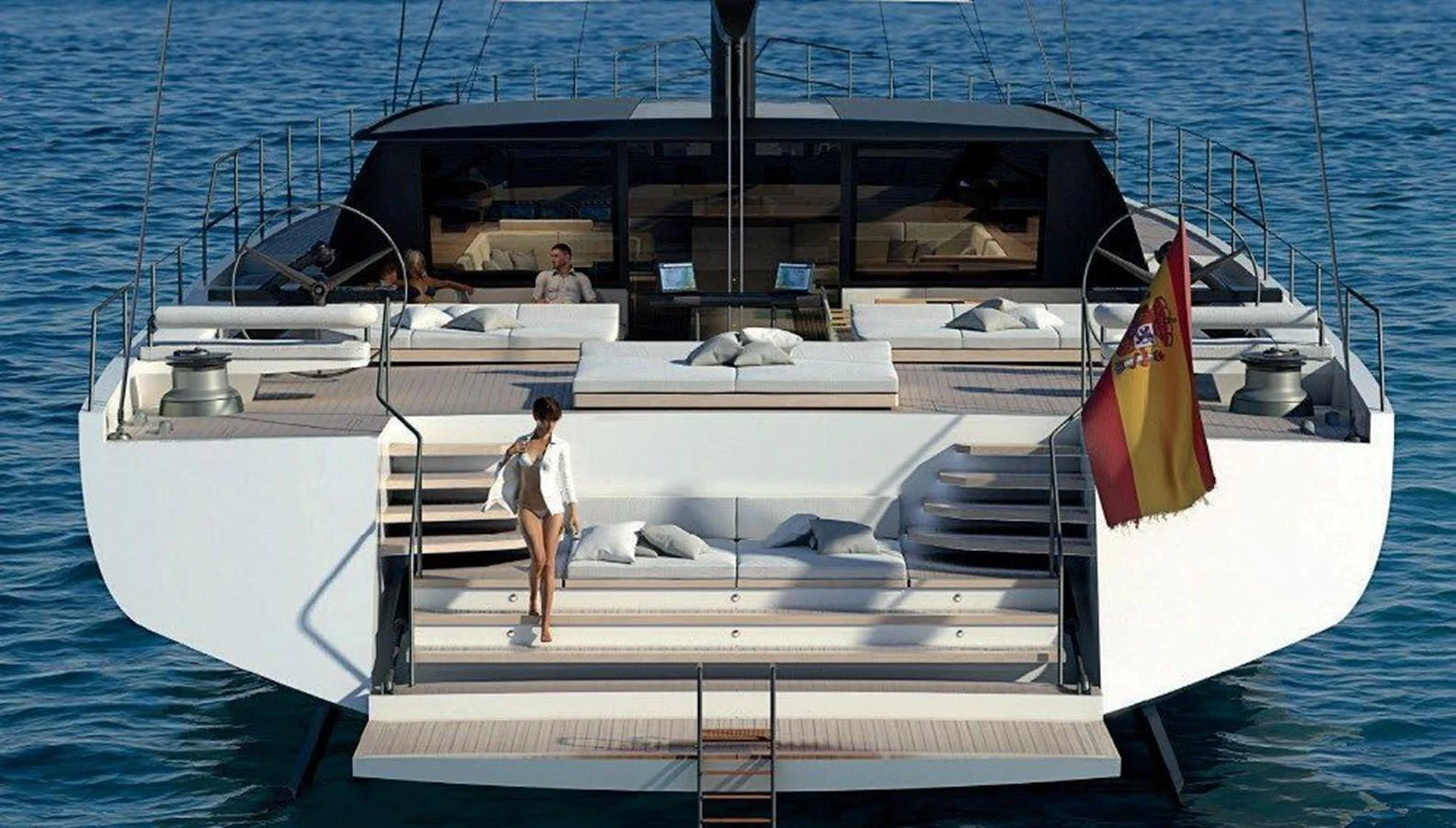 The yacht's aft deck features a spacious lounging area with steps leading down to the water. aboard WILDCAT Yacht for Sale