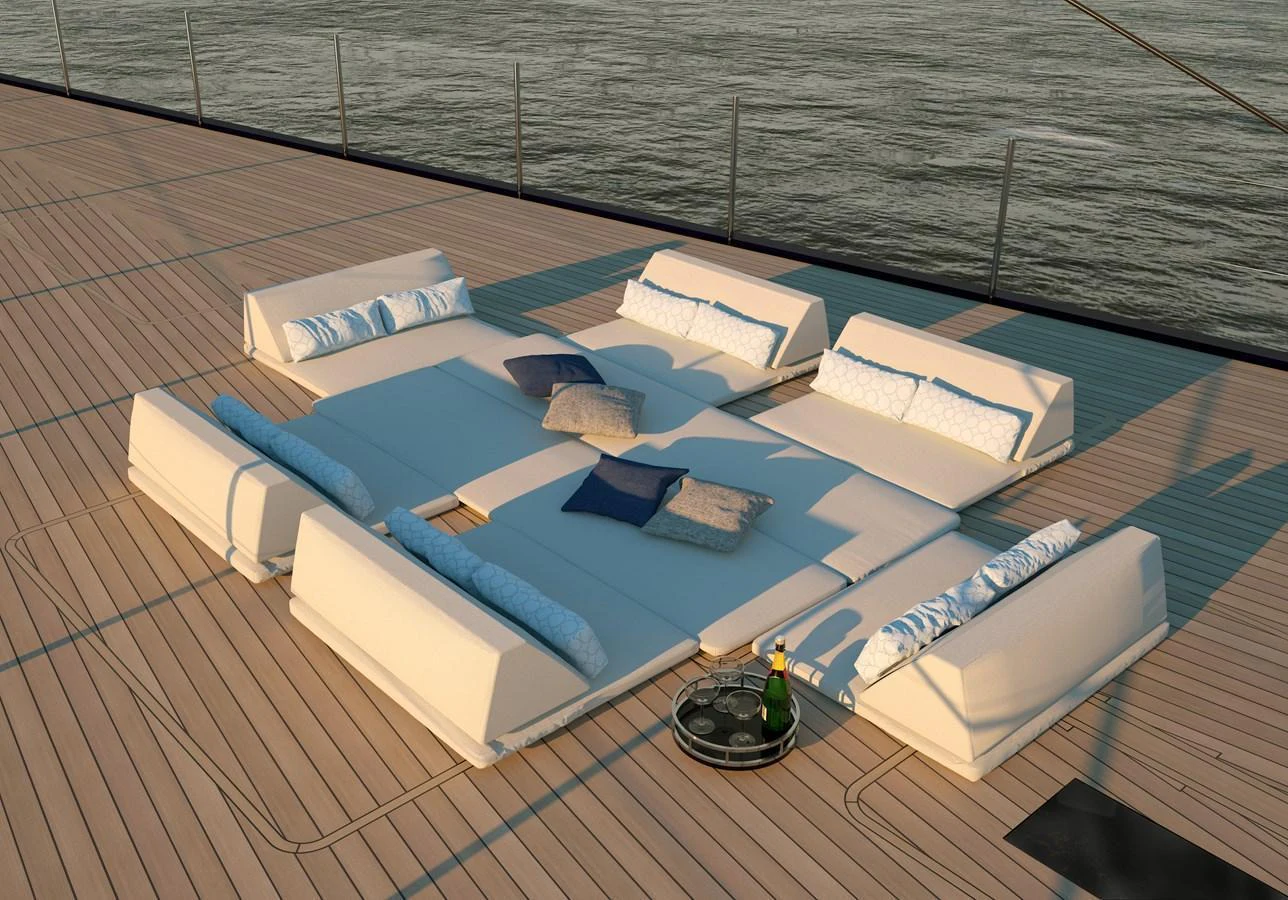 The sundeck features a luxurious lounging area with plush seating and a serene view of the water. aboard WILDCAT Yacht for Sale