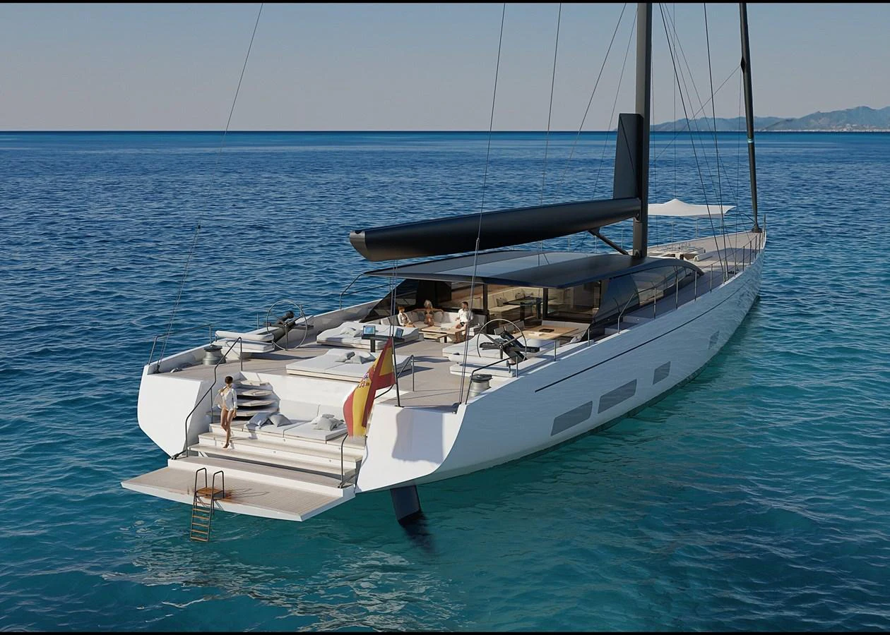 A sleek and modern yacht with an inviting aft deck, perfect for relaxation and enjoying the sea. aboard WILDCAT Yacht for Sale