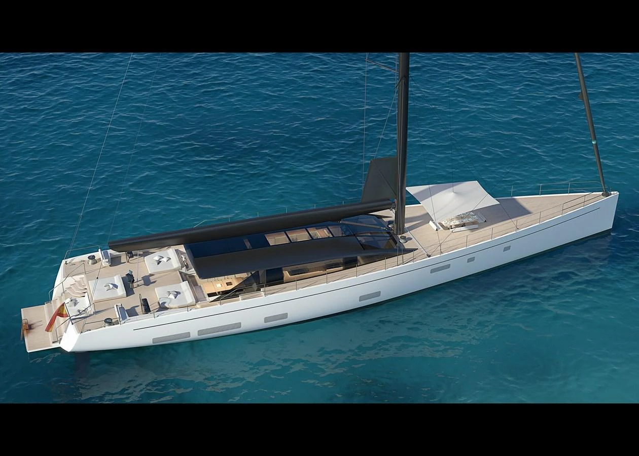 A sleek and modern sailing yacht glides gracefully on the clear blue water. aboard WILDCAT Yacht for Sale