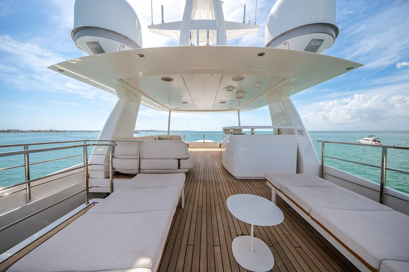 The flybridge offers a spacious and luxurious area for relaxation with stunning sea views. aboard TYCOON Yacht for Sale