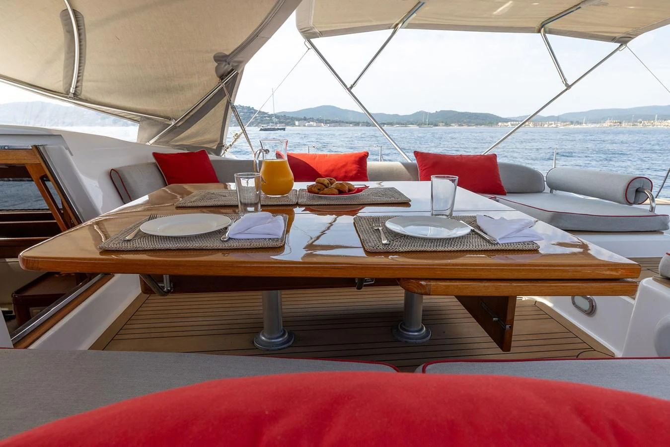 a table with plates and glasses on it aboard SKIP'N BOU Yacht for Sale