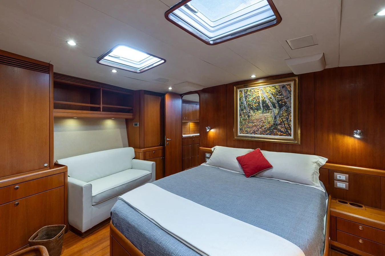 a bed in a room aboard SKIP'N BOU Yacht for Sale