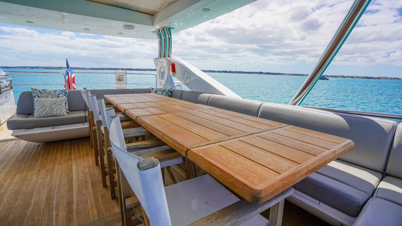 a deck with chairs and a body of water in the background aboard DADDY'S $ Yacht for Sale