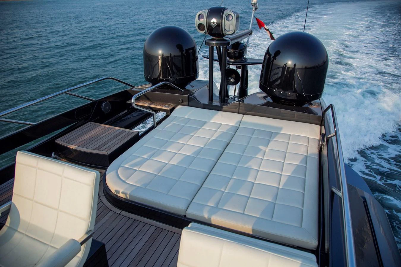 a boat with a satellite dish on the deck aboard STRAGA Yacht for Sale