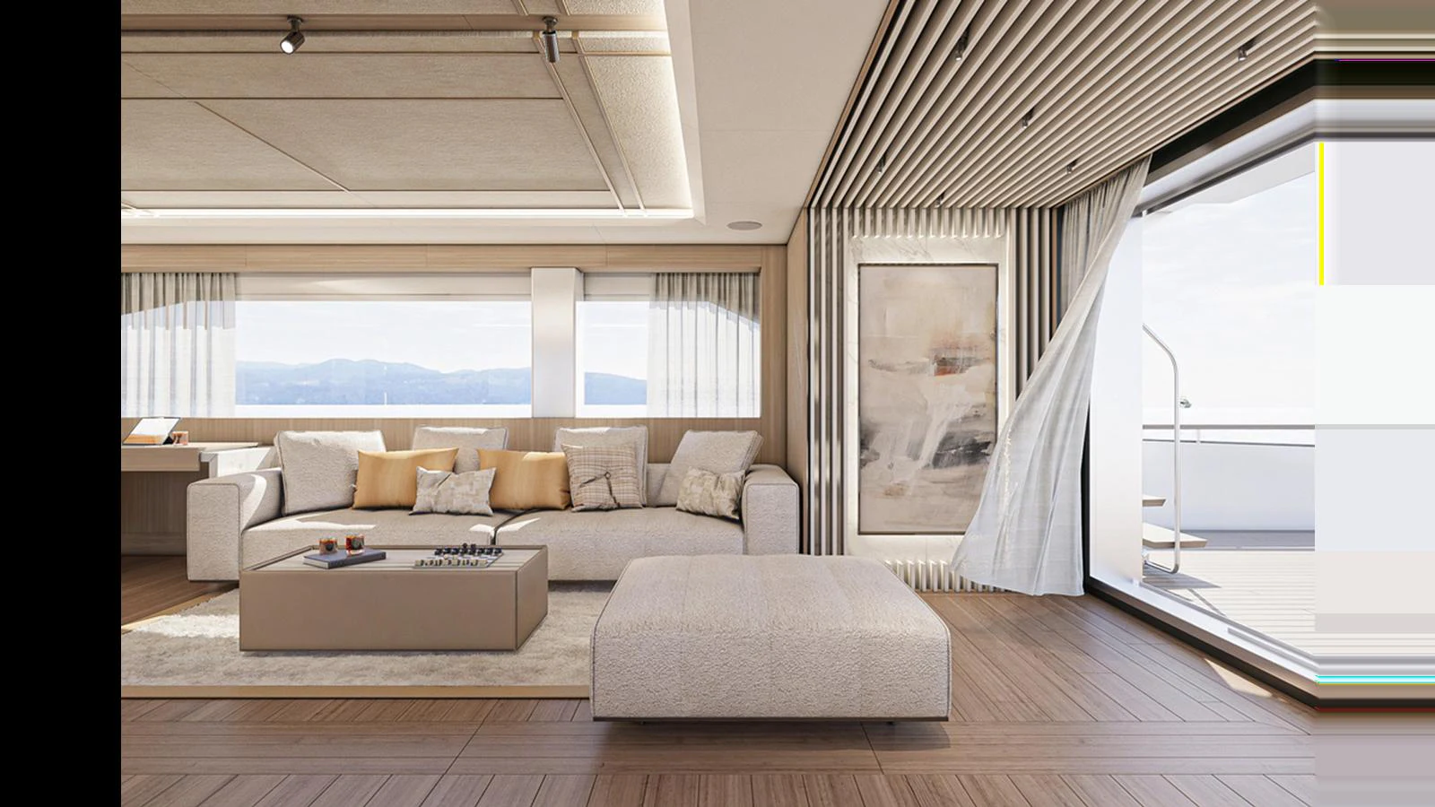 a living room with a large window aboard NUMARINE 47MXP Yacht for Sale