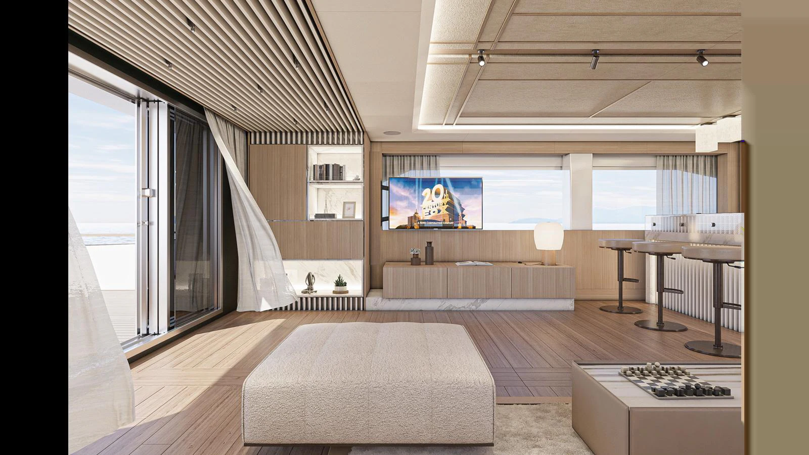 a room with a bed and a table aboard NUMARINE 47MXP Yacht for Sale