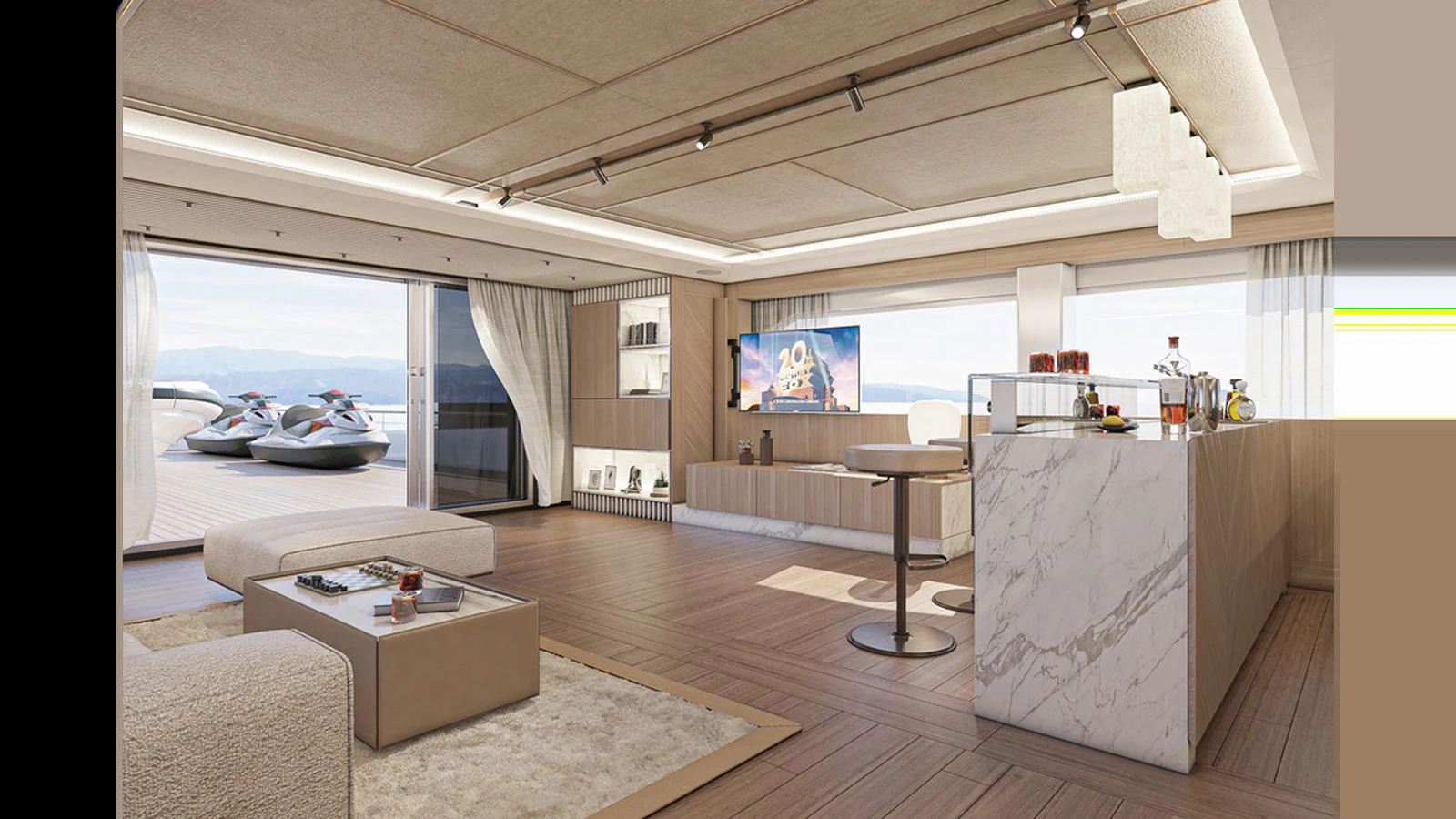 a living room with a large window aboard NUMARINE 47MXP Yacht for Sale