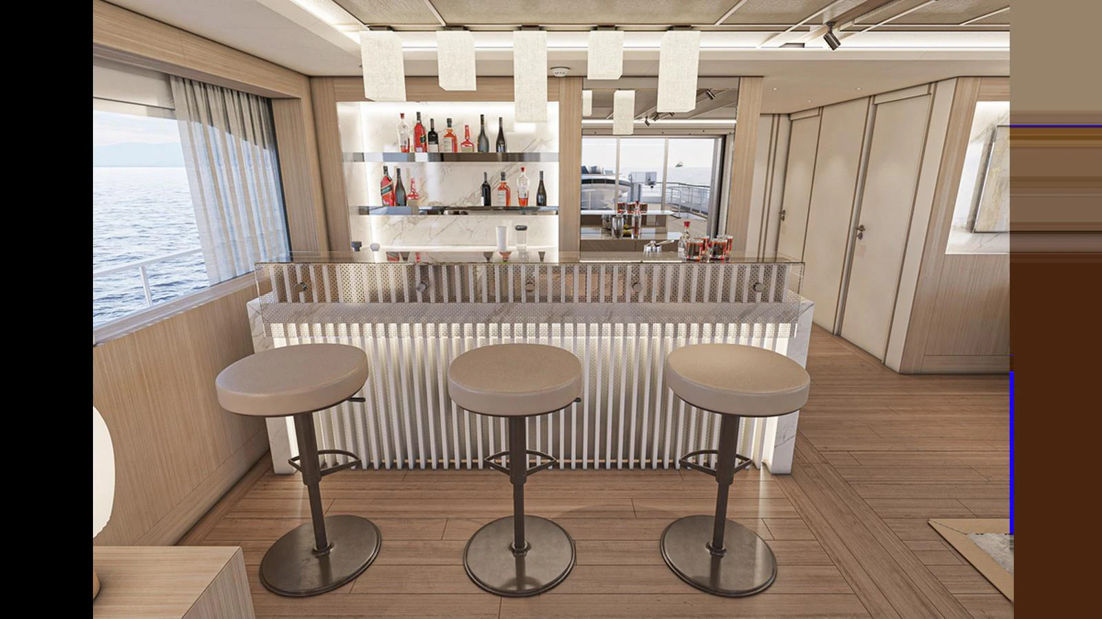 a room with stools and stools aboard NUMARINE 47MXP Yacht for Sale