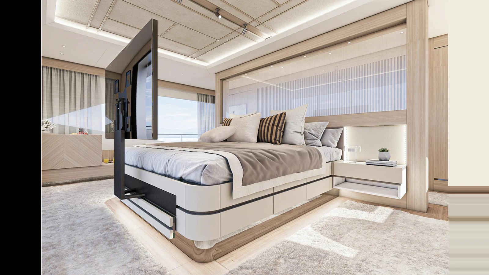 a bed in a room aboard NUMARINE 47MXP Yacht for Sale