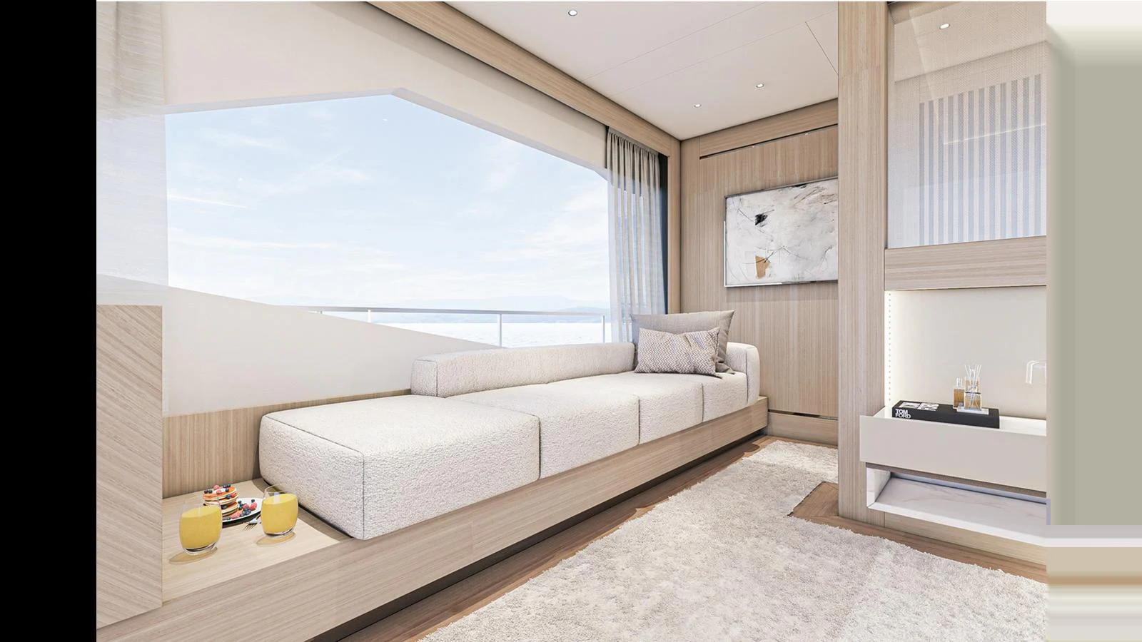 a living room with a large window aboard NUMARINE 47MXP Yacht for Sale
