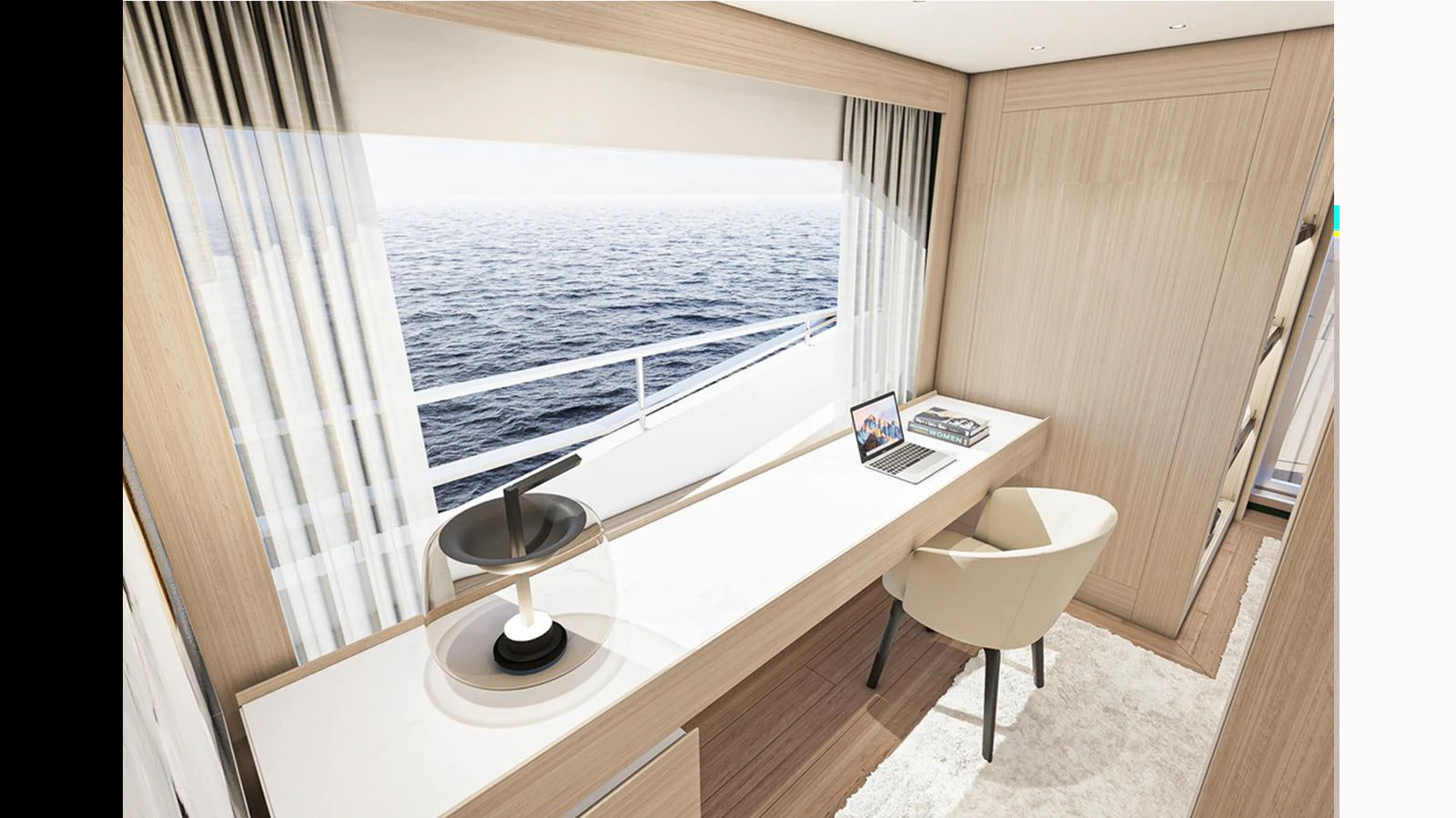 a room with a table and a window aboard NUMARINE 47MXP Yacht for Sale