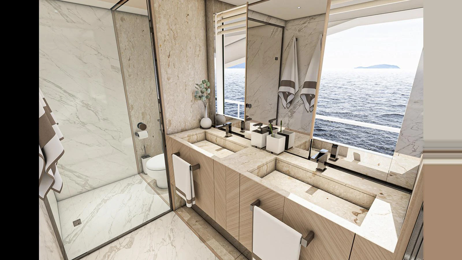 a bathroom with a large window aboard NUMARINE 47MXP Yacht for Sale